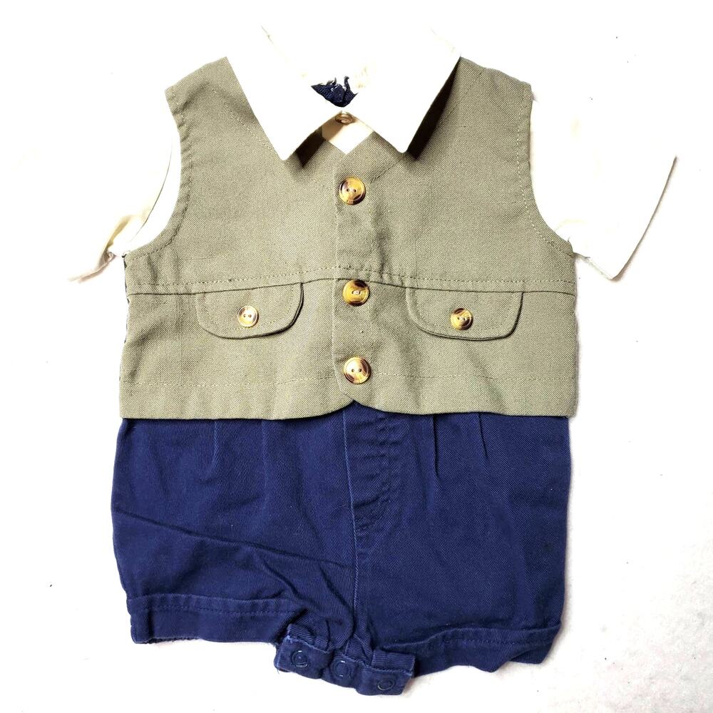 Baby Togs Infant Boy One Piece Vested Outfit Navy Blue & Tan Size 3-6 M 1257